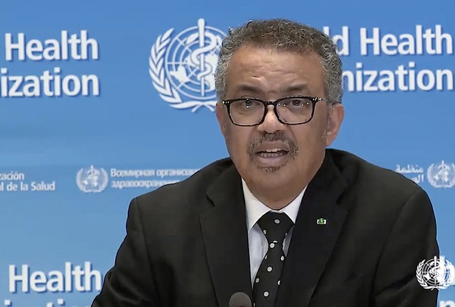 WHO: Đại dịch Covid-19 đang tăng tốc Tổng giám đốc WHO Tedros Adhanom Ghebreyesus tại cuộc họp báo ở Geneva hôm 23/3. Ảnh: Getty.