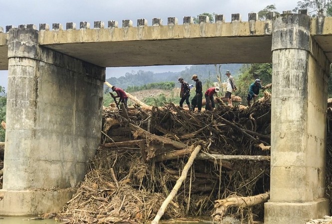 Hàng trăm khối gỗ khai thác trái phép chèn kín, 'đe dọa' cầu Nước Bua Hàng trăm khối gỗ khai thác trái phép chèn kín, 'đe dọa' cầu Nước Bua