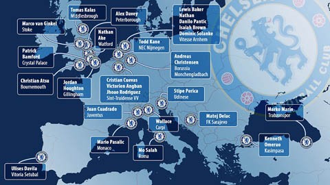 Chelsea tung quân 'nhuộm xanh' châu Âu Chelsea có tới 33 cầu thủ hiện thi đấu ở những đội bóng khác theo dạng cho mượn.