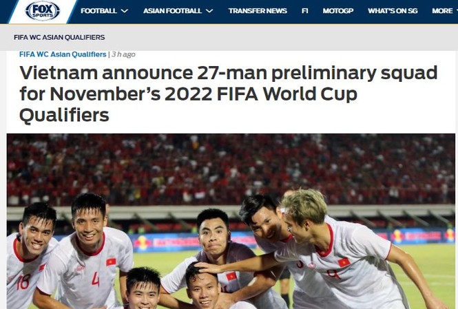 Báo châu Á đánh giá cao danh sách của đội tuyển Việt Nam Fox Sports Asia đánh giá cao danh sách đội tuyển Việt Nam.