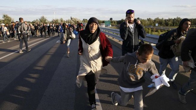 Hàng trăm người di cư ẩu đả với cảnh sát Hungary Khoảng 300 người di cư bỏ chạy trên đường cao tốc Hungary, hướng về thủ đô Budapest. Ảnh: Reuters