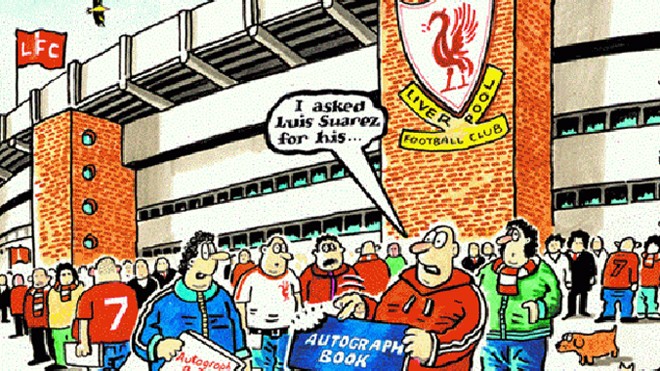 Không fair- play Tranh biếm họa về cầu thủ Suarez: Giờ không cần xin chữ ký của Luis Suarez mà là xin dấu răng (nguồn: internet)