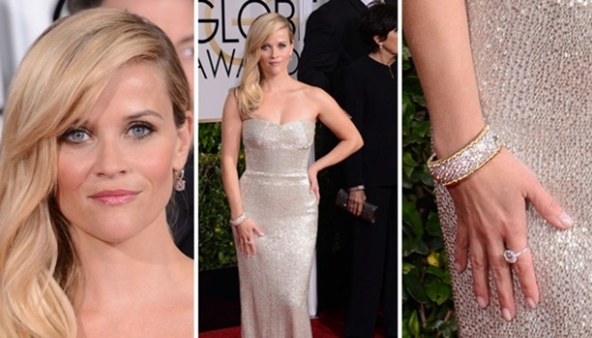 Người đẹp lộng lẫy với nữ trang triệu USD Reese Witherspoon đeo số nữ trang lên tới 1,5 triệu đô la của hãng Tiffany & Co. tới dự lễ trao giải Quả Cầu Vàng 2015.