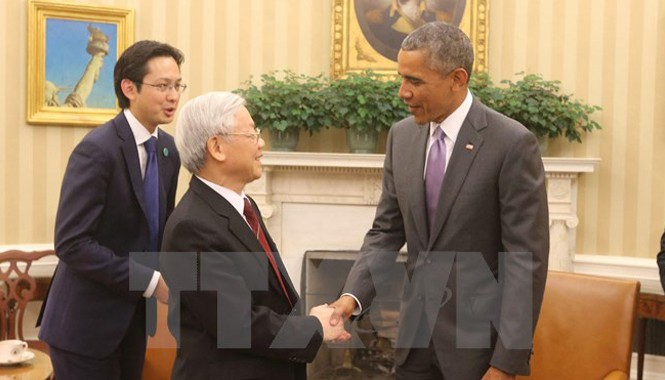 Tuyên bố về Tầm nhìn chung Việt Nam – Hoa Kỳ Tổng Bí thư Nguyễn Phú Trọng và Tổng thống Hoa Kỳ Barack Obama đã có cuộc hội đàm chính thức tại tại phòng Bầu dục ở Nhà Trắng. Ảnh: Trí Dũng/TTXVN.
