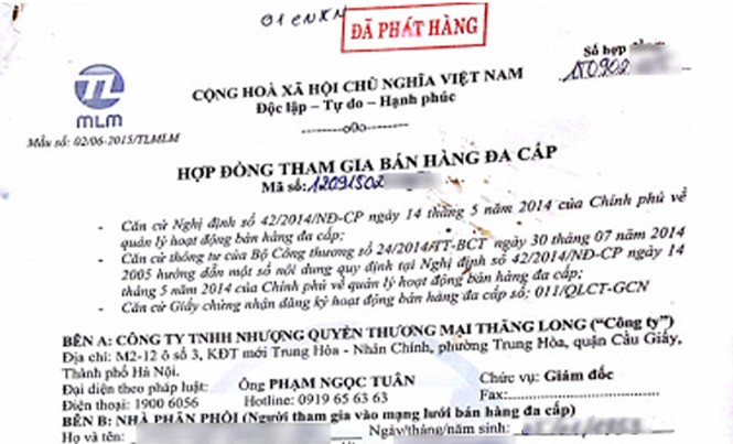 Thu hồi giấy phép kinh doanh đa cấp của Cty thương mại Thăng Long Một hợp đồng của Công ty đa cấp Nhượng quyền Thăng Long ký với khách hàng.