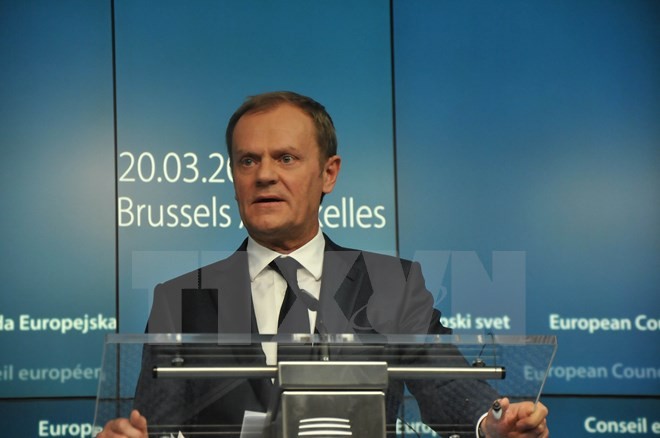 Bản tin 14H: EU chưa cử phái bộ gìn giữ hòa bình tới Đông Ukraine Chủ tịch Hội đồng châu Âu Donald Tusk. (Ảnh: Hương Giang/TTXVN tại Bỉ)