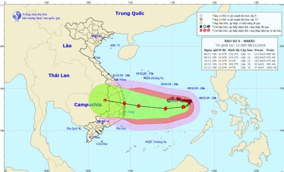 Bão số 6 ngày càng mạnh, hướng Quảng Ngãi đến Khánh Hoà Vị trí và đường đi của bão số 6. Ảnh: Trung tâm Dự báo Khí tượng Thuỷ văn Quốc gia