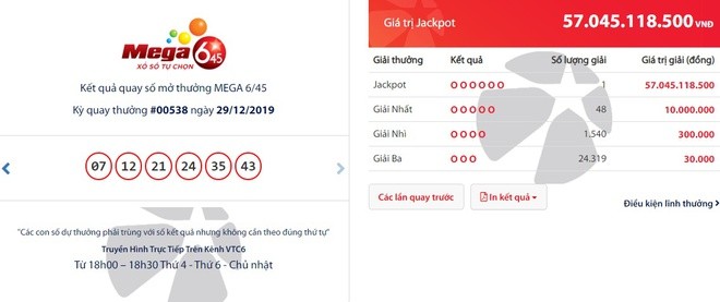 Bản tin 8H: Xuất hiện tỷ phú Vietlott trúng độc đắc 57 tỷ đồng Dãy số trúng thưởng. Ảnh cắt màn hình