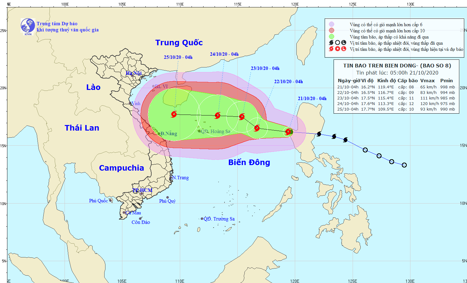 Bão vào Biển Đông, liên tục tăng cấp Dự báo đường đi và vùng ảnh hưởng của bão số 8. Nguồn: Trung tâm Dự báo Khí tượng Thủy văn Quốc gia.