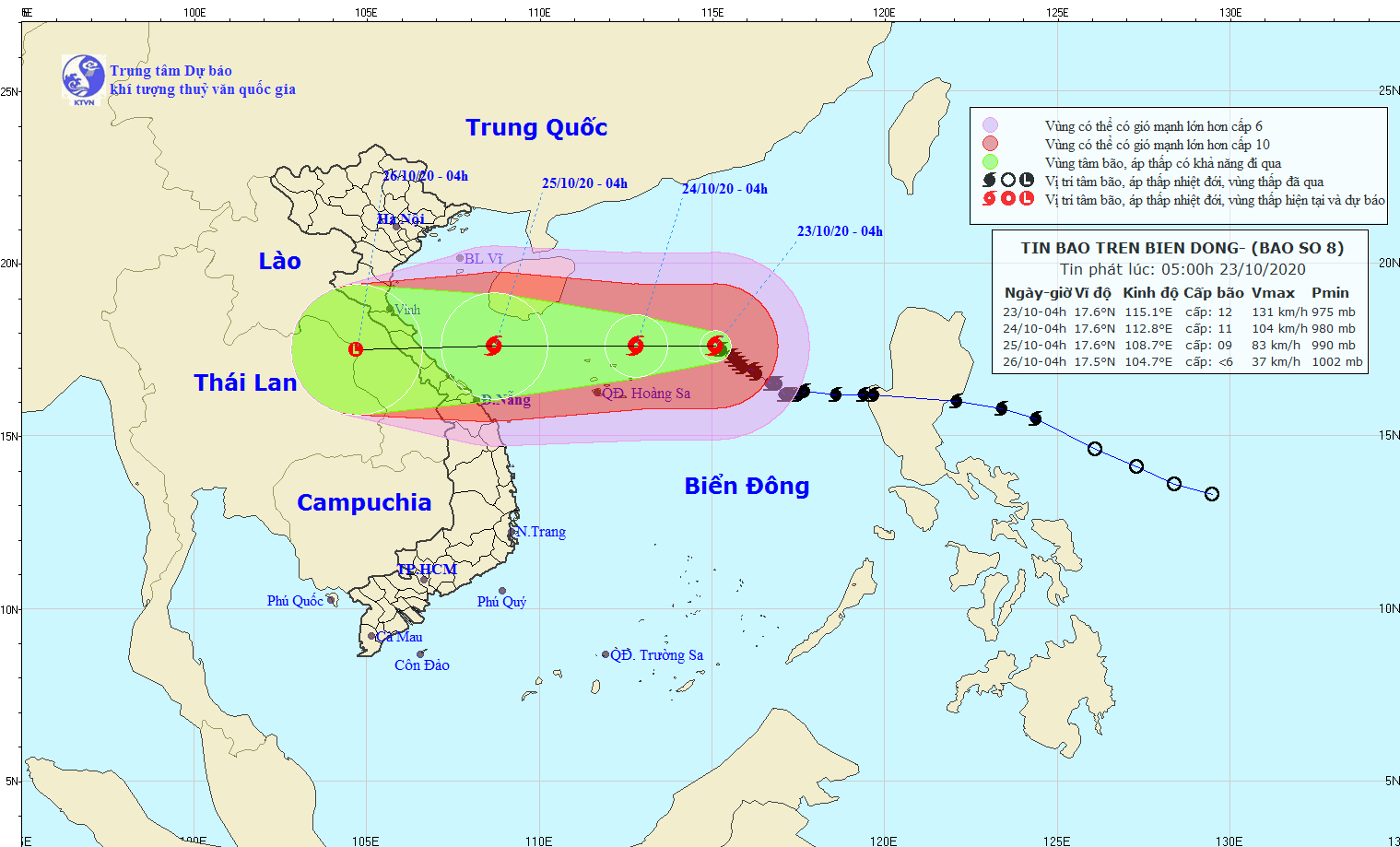 Bão số 8 có thể suy yếu thành vùng áp thấp ngay trên biển Dự báo đường đi và vùng ảnh hưởng của bão số 8.