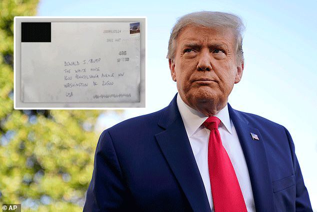 Tổng thống Mỹ Donald Trump (ảnh lớn) và bức thư chứa độc được gửi đến Nhà Trắng (ảnh nhỏ). 