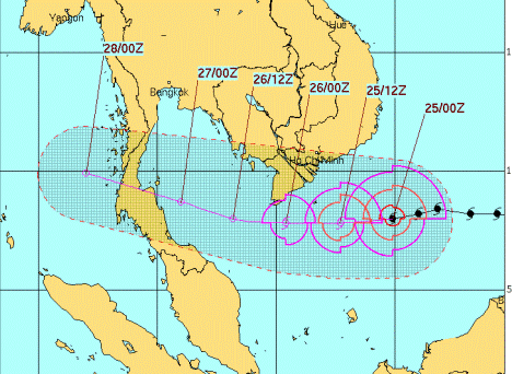 Đường đi mới nhất của bão Tembin theo dự báo trên website Hải quân Hoa Kỳ.