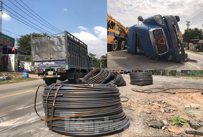 8 cuộn sắt lao từ container xuống đường đè bẹp xe máy đang lưu thông 8 cuộn sắt lao từ container xuống đường đè bẹp xe máy đang lưu thông