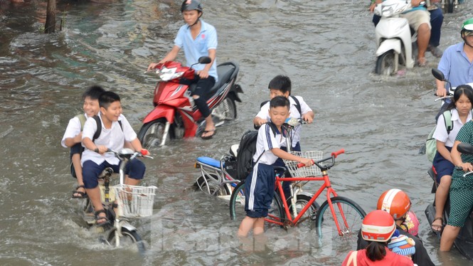 Học sinh xắn quần lội nước đến trường ngày đầu tuần vì triều cường gây ngập - ảnh 2