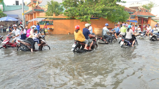 Học sinh xắn quần lội nước đến trường ngày đầu tuần vì triều cường gây ngập - ảnh 4