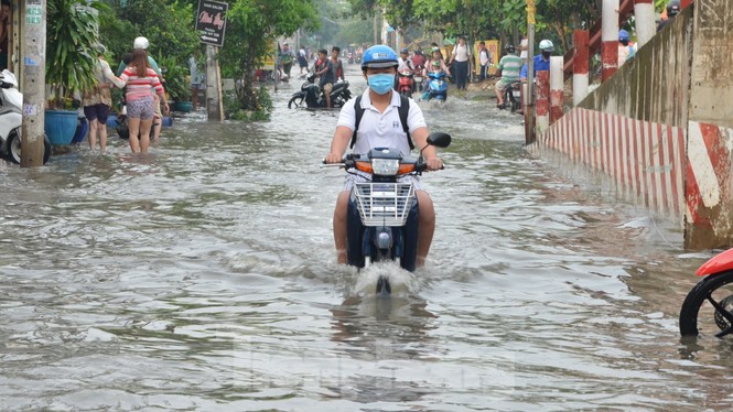 Học sinh xắn quần lội nước đến trường ngày đầu tuần vì triều cường gây ngập - ảnh 8
