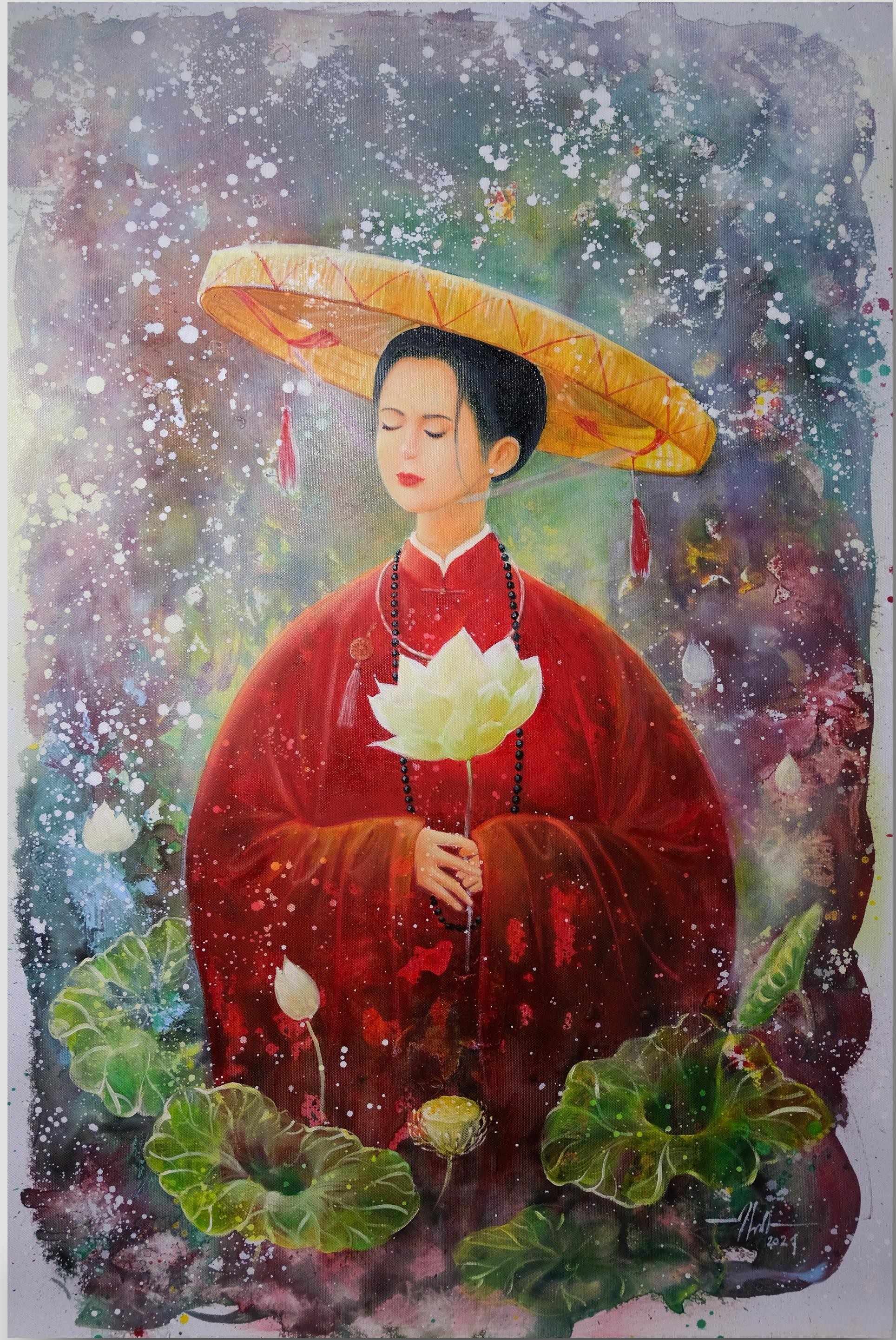 Bộ tranh thiếu nữ và hoa sen làm mê đắm lòng người của chàng họa sĩ Bắc Giang ảnh 2