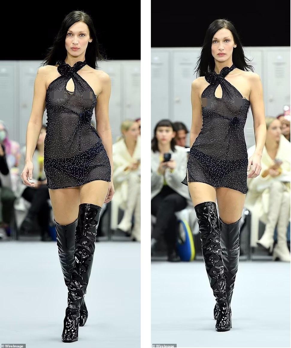 Bella Hadid mặc váy xuyên thấu lộ ngực trần, đọ dáng với chị gái Gigi trên sàn catwalk ảnh 1