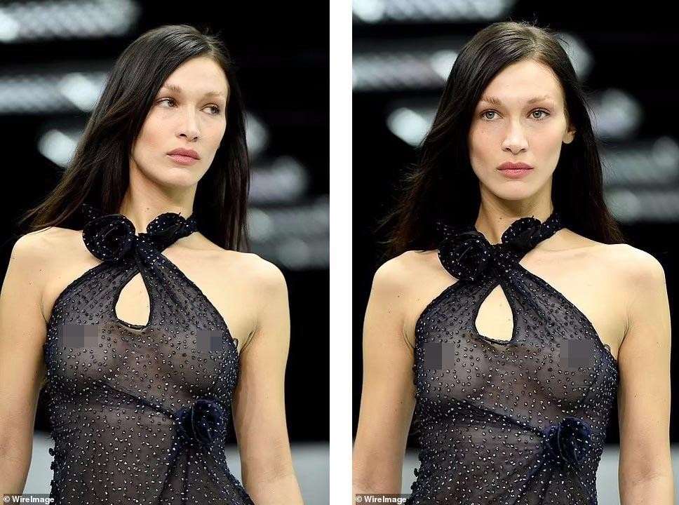 Bella Hadid mặc váy xuyên thấu lộ ngực trần, đọ dáng với chị gái Gigi trên sàn catwalk ảnh 3