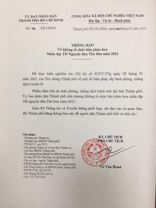 TPHCM không tổ chức bắn pháo hoa dịp Tết Tân Sửu 2021 ảnh 1