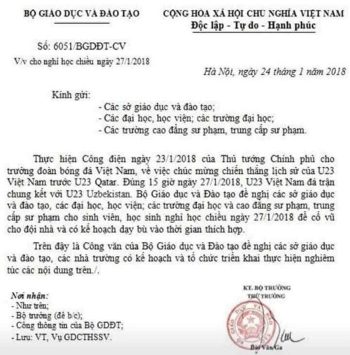 Giả mạo công văn Bộ Giáo dục cho sinh viên đi cổ vũ U23 Việt Nam ảnh 1