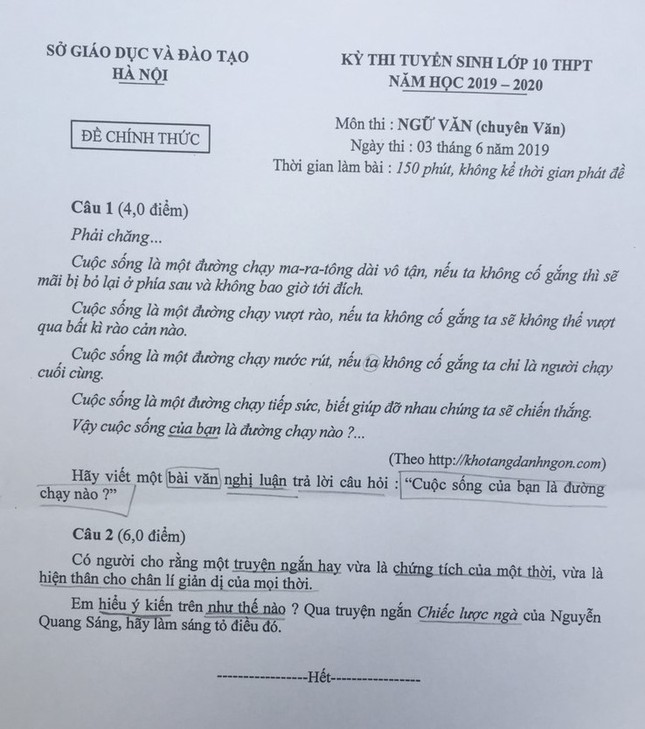 Đề thi chuyên Ngữ văn lớp 10 tại Hà Nội: Cuộc sống của bạn là đường chạy nào? ảnh 1