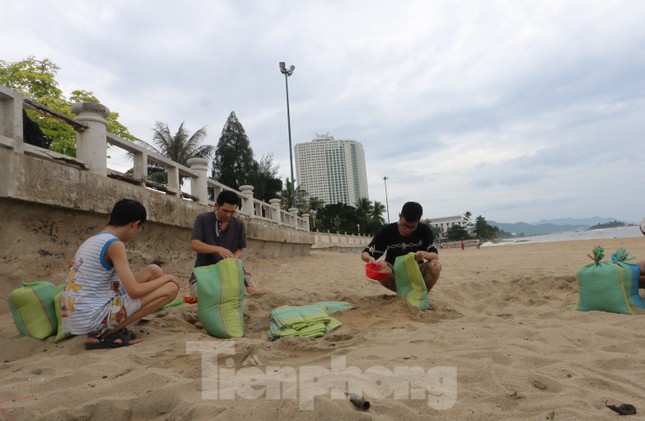 Dân Nha Trang ra biển xúc cát về chống bão ảnh 1