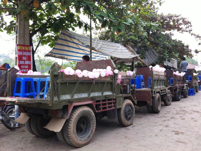 Dàn xe công nông đợi để chở bạn bè, anh em của cô dâu và chú rể