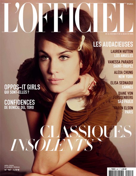 Trang bìa tạp chí L’Officiel, thể hiện: MC Alexa Chung, nhiếp ảnh gia Guy Aroche