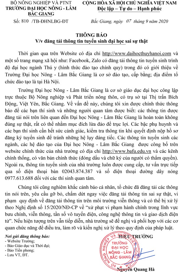 Thông báo v/v đăng tải thông tin tuyển sinh đại học sai sự thật ảnh 2