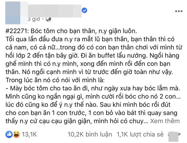 Tranh cãi chuyện “bị người yêu giận vì bóc tôm cho cô bạn thân trong ngày ra mắt“ ảnh 1