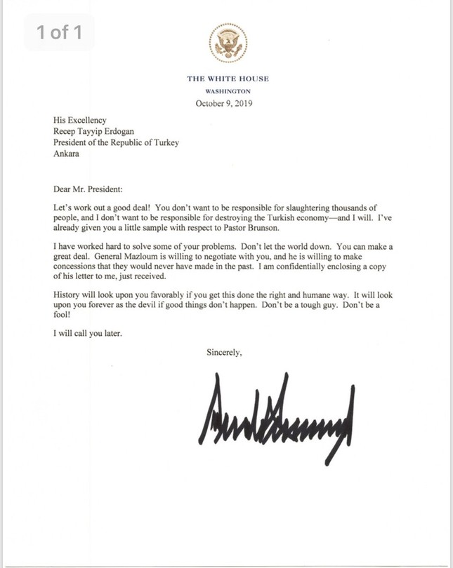 Ông Trump viết thư nhắc Tổng thống Thổ Nhĩ Kỳ 'đừng ngốc nghếch' ảnh 1