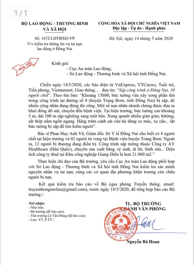Bộ Lao động vào cuộc vụ sập tường làm 10 người tử vong ở Đồng Nai ảnh 1
