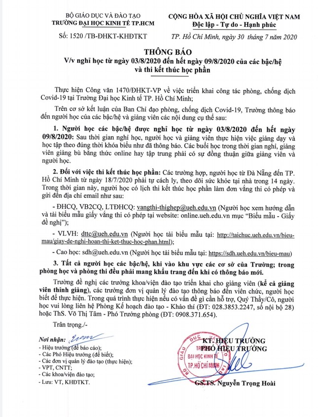 Trường đại học đầu tiên ở TPHCM cho sinh viên nghỉ học vì dịch COVID-19 ảnh 1