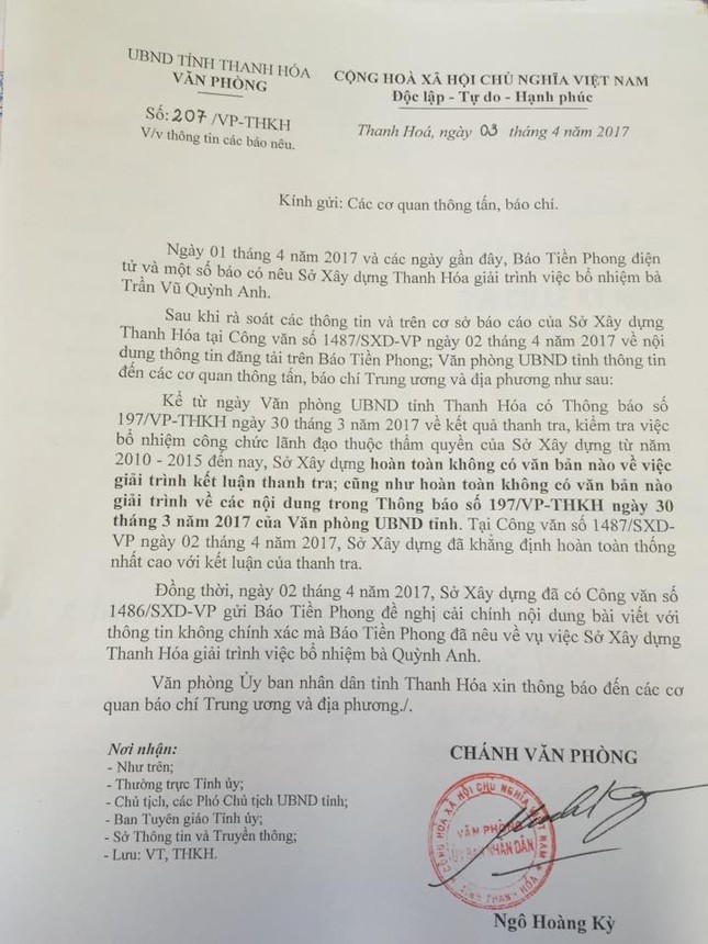 Tỉnh Thanh Hoá nói Sở Xây dựng không 'phản pháo' kết luận về bà Quỳnh Anh ảnh 1