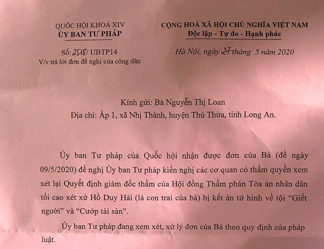 Ủy ban Tư pháp Quốc hội xem xét kiến nghị của mẹ tử tù Hồ Duy Hải ảnh 1