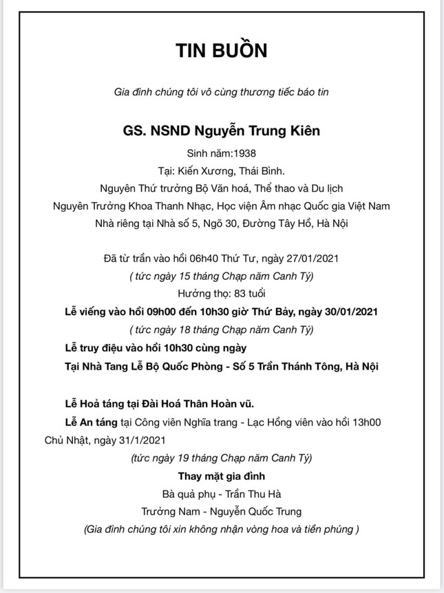 Thông tin tang lễ NSND Trung Kiên ảnh 1