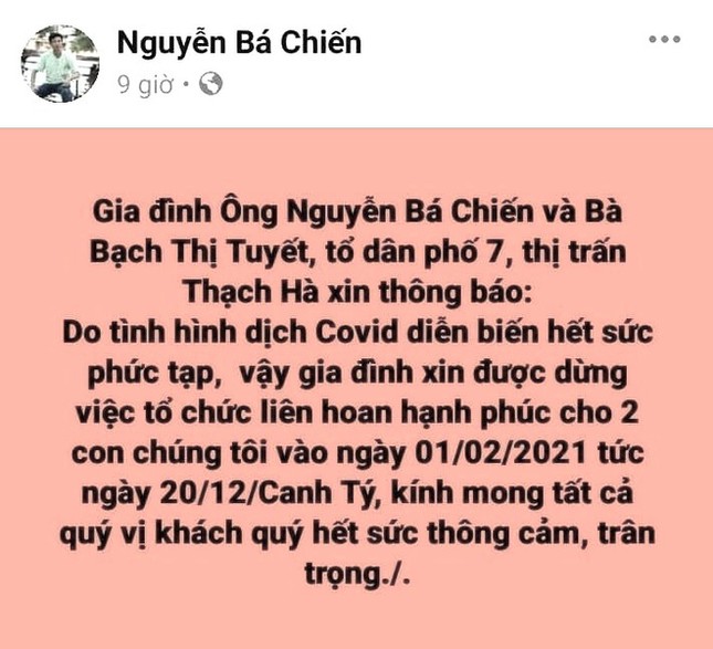 Cặp đôi ở Hà Tĩnh hoãn cưới 3 lần phòng dịch COVID-19 ảnh 1
