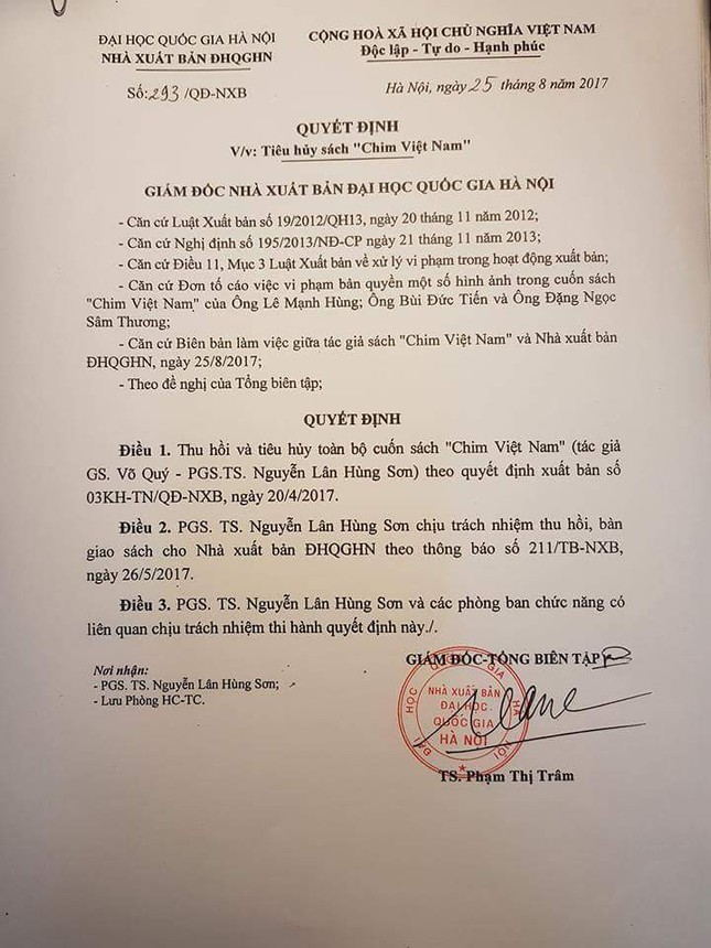 Thu hồi, tiêu hủy sách 'Chim Việt Nam' ảnh 1