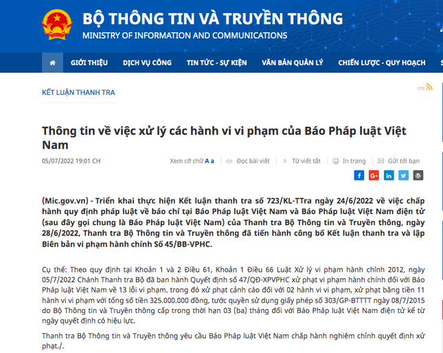 Đình bản báo Pháp luật Việt Nam điện tử 3 tháng, phạt 325 triệu đồng ảnh 1