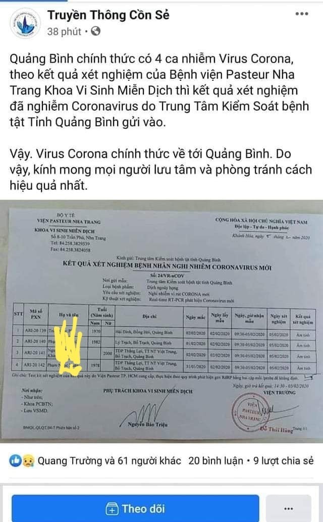 Một fanpage bịa đặt Quảng Bình có 4 người nhiễm nCoV khiến dư luận hoang mang ảnh 1