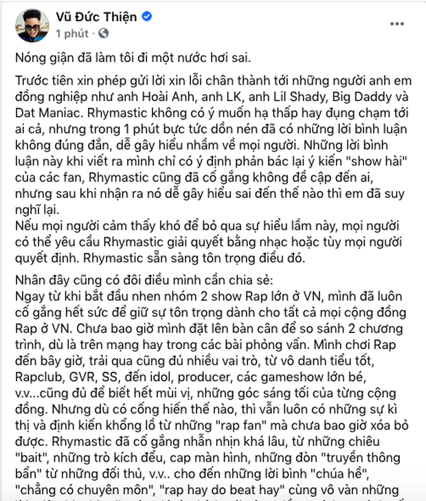 Rhymastic công khai xin lỗi vì “giận quá mất khôn”, lỡ miệng "cà khịa" King Of Rap ảnh 4