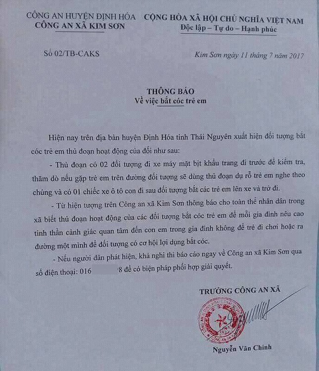Công an xã phát cảnh báo bắt cóc trẻ em gây hoang mang ảnh 1