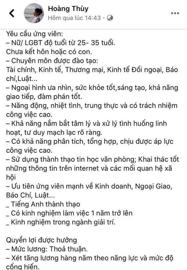 Cộng đồng mạng tranh cãi gay gắt về bài đăng tuyển trợ lý của siêu mẫu Hoàng Thùy ảnh 1