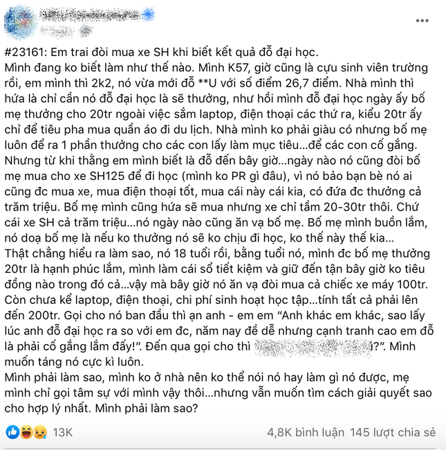 Nam sinh đỗ Đại học với số điểm 26,7 đòi bố mẹ “thưởng” xe máy hàng trăm triệu đồng ảnh 1