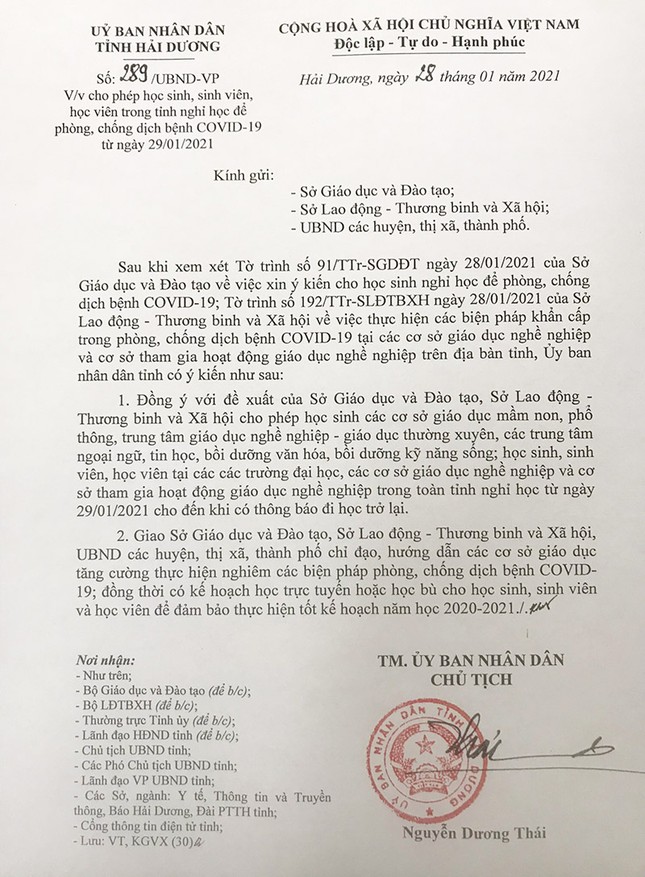 Học sinh, sinh viên tỉnh Hải Dương nghỉ học từ mai 29/1, TP Chí Linh giãn cách xã hội ảnh 1