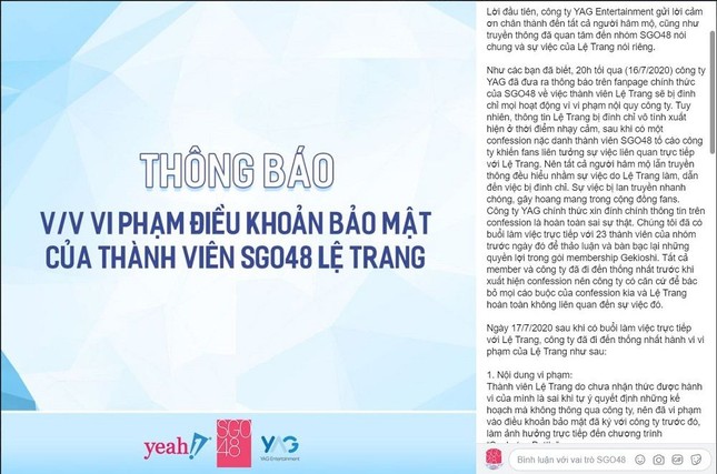 Công ty quản lý SGO48 chính thức phản hồi về việc Lệ Trang bị đình chỉ hoạt động ảnh 2