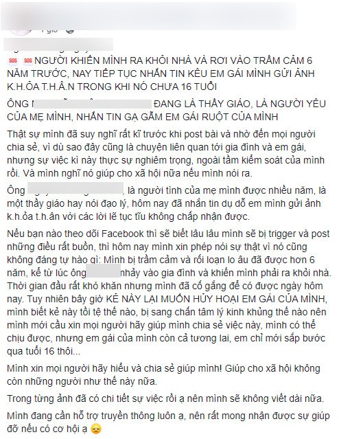 Chia sẻ mới nhất của người anh tố bạn trai của mẹ gạ gẫm em gái chưa đủ 16 tuổi ảnh 1
