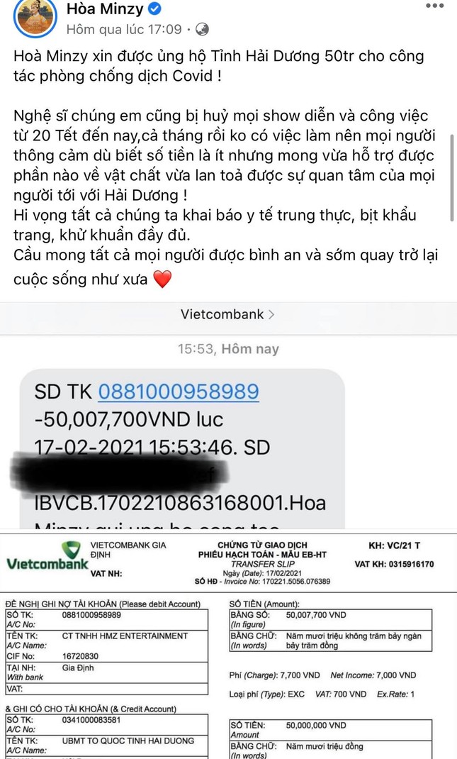 Hòa Minzy quyên góp 50 triệu đồng cho tỉnh Hải Dương phòng chống dịch COVID-19 ảnh 1