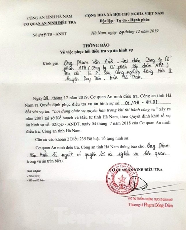 Phục hồi điều tra vụ án hình sự tại Sở Kế hoạch và Đầu tư tỉnh Hà Nam ảnh 1